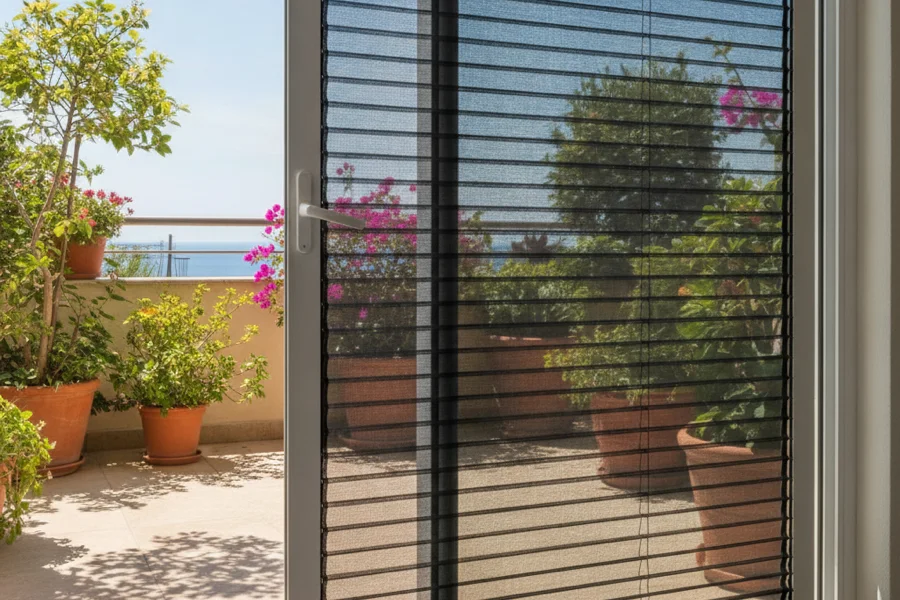 Mosquitera plisada en puerta corredera de terraza en Mataró